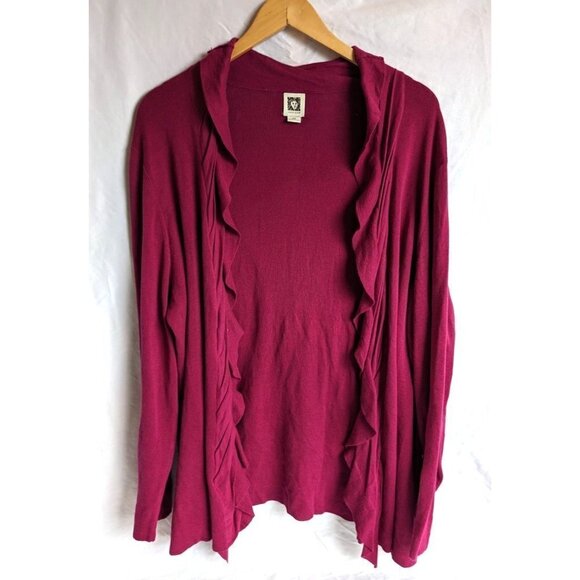 ANNE KLEIN Deep Magenta Ruffle Open Cardigan 100% Cotton Waterfall Size 2X - Picture 1 of 6